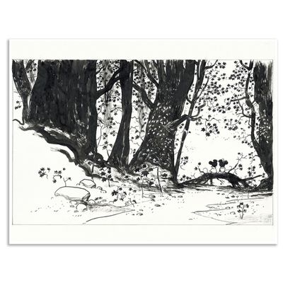 Illustration originale Thierry Martin, Mickey et Minnie sur un tronc d'arbre